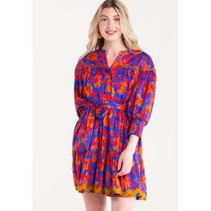 Alden Adair Charlotte Mini Dress Cobalt Tea Garden Print Tiered Poplin Size L